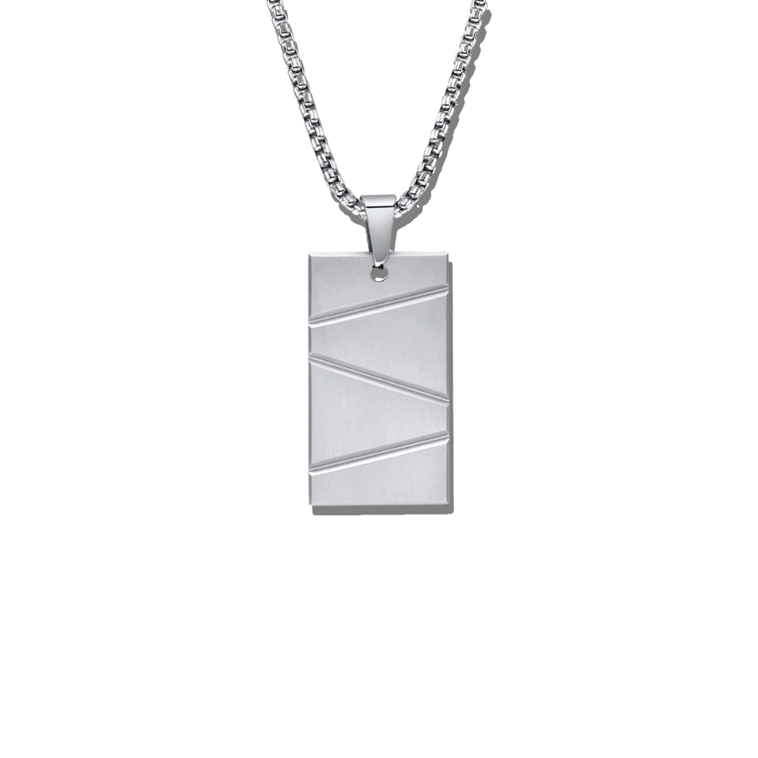 A silver pendant with a geometric design attached to a silver chain.