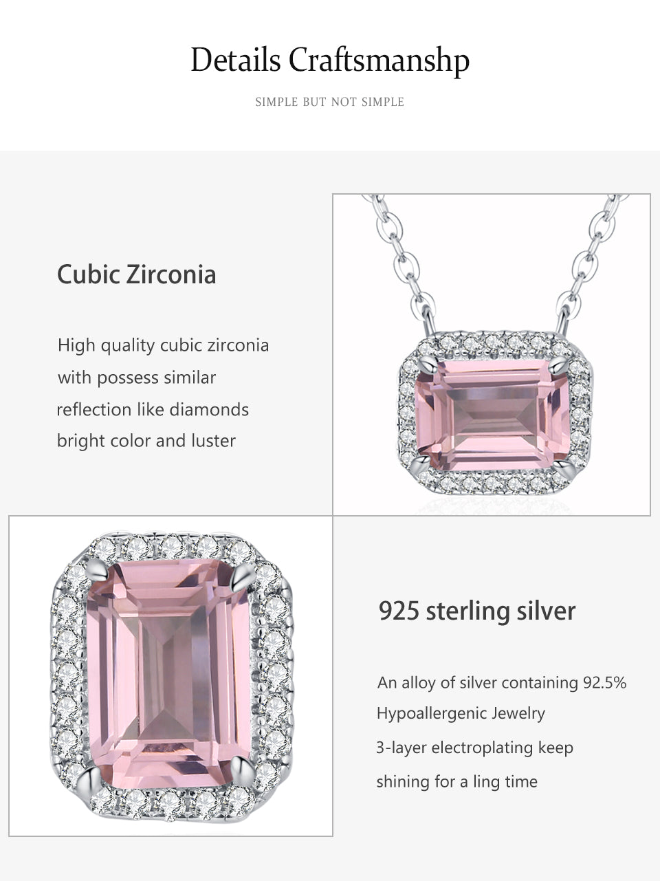 Pink gemstone necklace with silver chain on a white background, featuring text about cubic zirconia and 925 sterling silver.