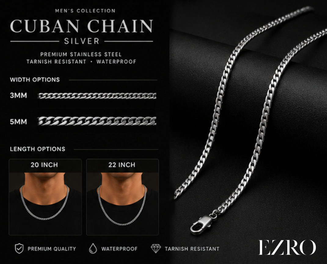 Cuban chain necklace with size and length options on a black background, featuring the brand 'EZRO'.