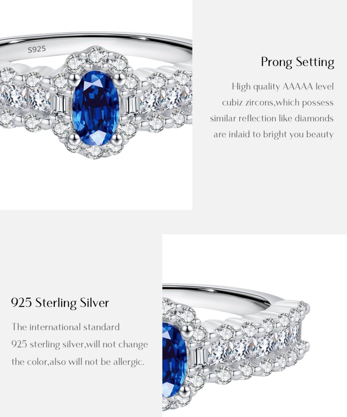 Silver ring with blue gemstone and text about material and prong setting