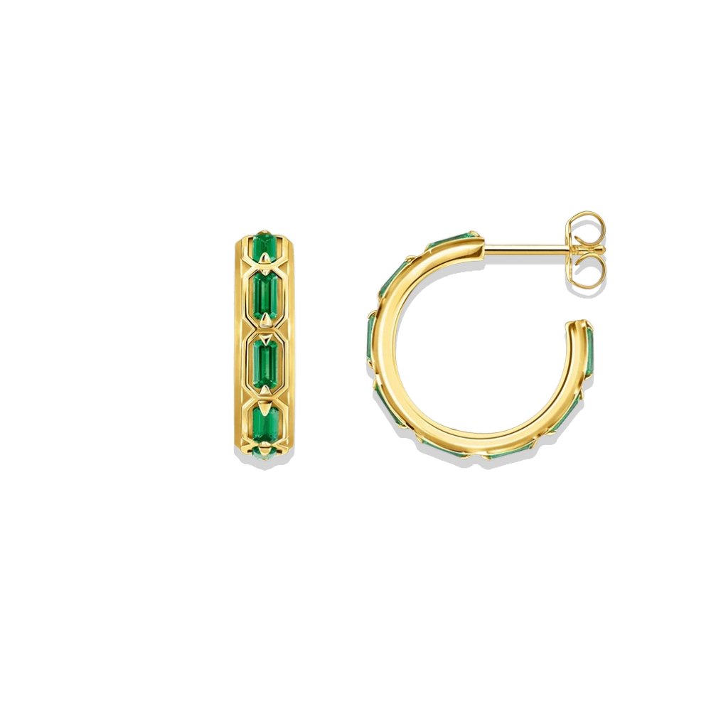 Gold hoop earrings with green gemstones